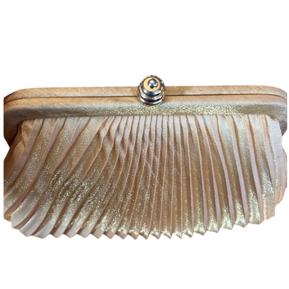 Sasha Gold Satin Pleated small purse w/Gold chain shoulder strap 7.5”W X 5.5”H - Picture 5 of 12